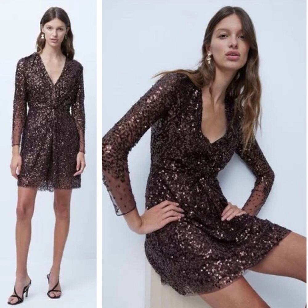 FRENCH CONNECTION Dress Size 4 Emille Sparkle Long Sleeve Sequin Sheath Brown